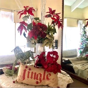 NWT 5) Large Christmas Red Velvet Wired Poinsettia 24” Flower Stems